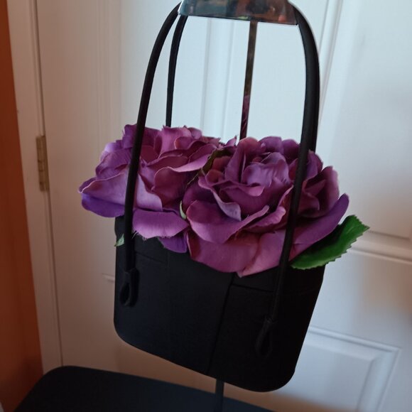 Women's Black  Bucket Bag with Purple Fabric Flowers on Top - Picture 5 of 14